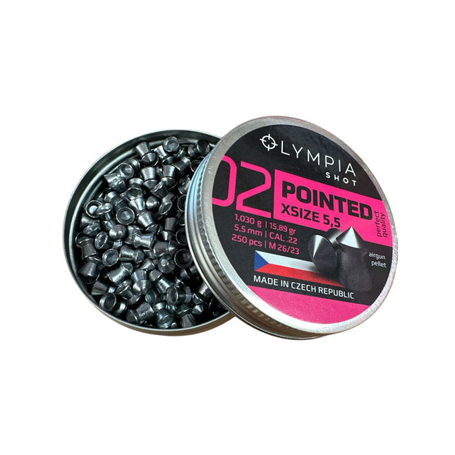 Olympia Shot Airgun Pellet - Pointed Middle 5.5mm / 15.89gr 250 Per Tin open tin