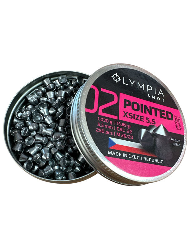 Olympia Shot Airgun Pellet - Pointed Middle 5.5mm / 15.89gr 250 Per Tin open tin