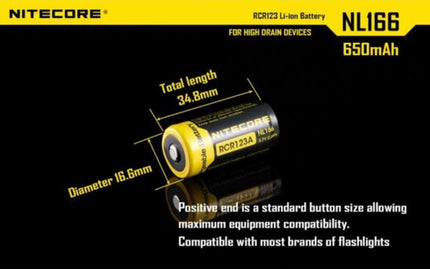 Nitecore RCR123A Li-ion battery 650mAh NL166 dimensions