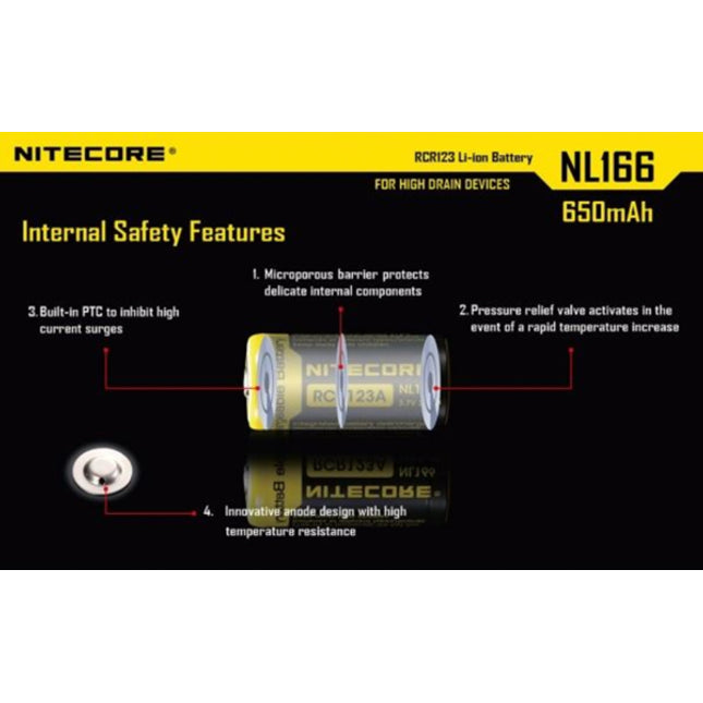 Nitecore RCR123A Li-ion battery 650mAh NL166 safety