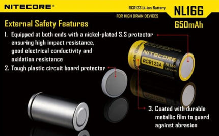 Nitecore RCR123A Li-ion battery 650mAh NL166 external safety